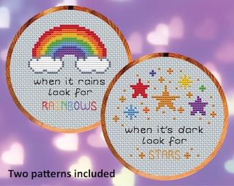 Uplifting quote mini cross stitch patterns, When It Rains Look For Rainbows and When It's Dark Look For Stars, instant download PDF