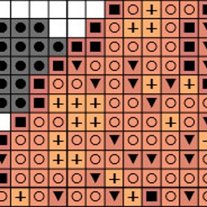 May include: Cross stitch pattern with a black and gray bird design on the left and a peach, orange, and brown design on the right. The pattern includes black, gray, peach, orange, brown, and white squares.