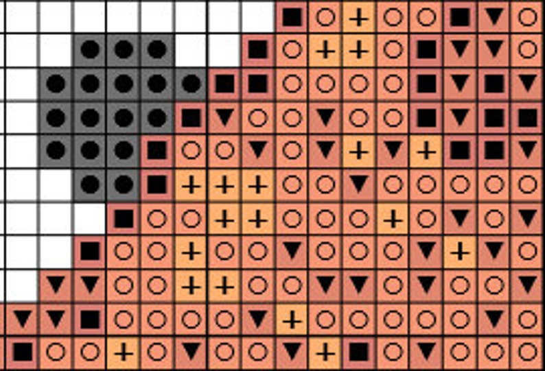 May include: Cross stitch pattern with a black and gray bird design on the left and a peach, orange, and brown design on the right. The pattern includes black, gray, peach, orange, brown, and white squares.