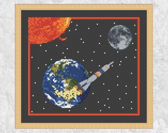 Space rocket cross stitch pattern, modern astronomy counted cross stitch chart, earth, moon, sun, stars, spaceship, realistic, printable PDF