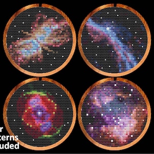 Astronomie kruissteekpatronen, set van vier mininevels en sterrenstelsels, ruimte kruissteekdiagrammen, instant download PDF