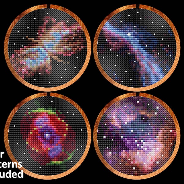 Astronomy cross stitch patterns, set of four mini nebulae and galaxy, space cross stitch charts, instant download PDF