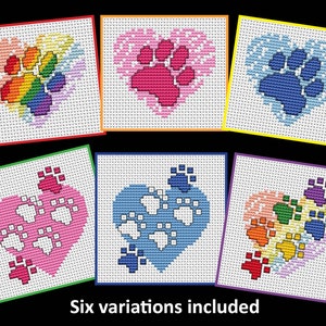 Mini cross stitch patterns, paw print hearts rainbow, pink and blue versions included. Card sized motifs for dog, cat and pet lovers. PDF image 1