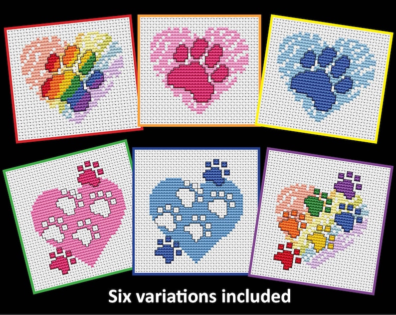 Mini cross stitch patterns, paw print hearts rainbow, pink and blue versions included. Card sized motifs for dog, cat and pet lovers. PDF image 1