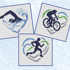 Mini motif de point de croix coeurs de triathlon, natation, cyclisme et course à pied, téléchargement immédiat des grilles PDF