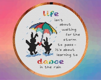 Dancing in the Rain cross stitch pattern, Together Bunnies, inspirational quote, instant download PDF