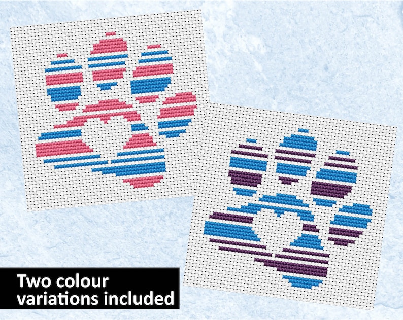 May include: Two variations of a cross-stitch pattern for a paw print with a heart in the center. One pattern is pink and blue stripes, the other is purple and blue stripes.
