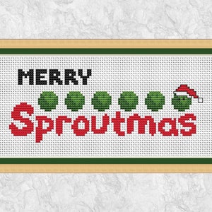 Divertente schema natalizio a punto croce, grafico natalizio veloce per principianti moderni, cavolini di Bruxelles, Merry Sproutmas, citazione stagionale tipografica, PDF