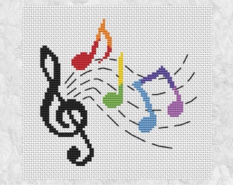音楽クロスステッチパターン、虹の音符、フープアート、楽しくて簡単な
