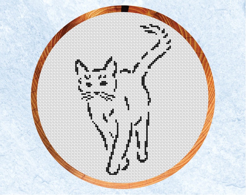 Cat cross stitch pattern, easy quick cat silhouette design, monochrome, pet lover gift, instant download PDF image 1