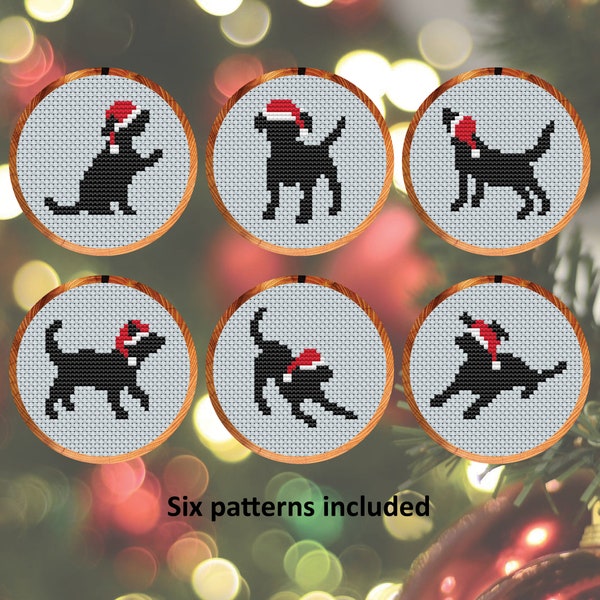 Dogs in Christmas Hats cross stitch patterns, set of six fun patterns for cards or Christmas tree, instant download PDF