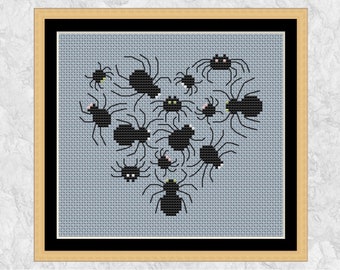 Spidery Heart cross stitch pattern, cute Halloween spider design, instant download PDF