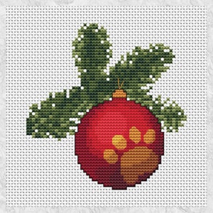 Christmas cross stitch pattern, paw print xmas design, Christmas tree and bauble, chart for dog and cat lovers, fun xmas hoop art, PDF image 3