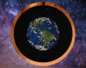 Mini Earth cross stitch pattern, fun quick astronomy and space design, instant download PDF