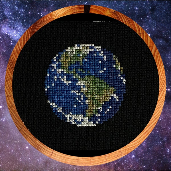 Mini Earth cross stitch pattern, fun quick astronomy and space design, instant download PDF