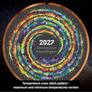 Può includere: Un motivo a punto croce circolare con un vivace design a spirale multicolore su sfondo grigio scuro. Al centro è riportato il testo 2027, Southampton, United Kingdom. L'intero pezzo è incorniciato all'interno di un telaio da ricamo in legno.