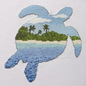 Turtle cross stitch pattern PDF, beach cross stitch silhouette chart, modern embroidery pattern, sea ocean animals, desert island wildlife image 2