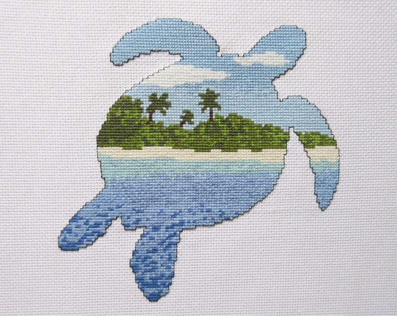 Turtle cross stitch pattern PDF, beach cross stitch silhouette chart, modern embroidery pattern, sea ocean animals, desert island wildlife image 2