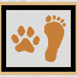 Paw footprint cross stitch pattern, counted cross stitch silhouette, animal, paw print, child, dog, cat, monochrome, easy modern chart, PDF