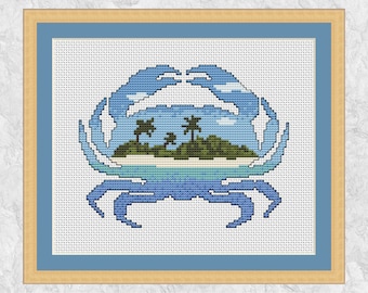 Crab cross stitch pattern, modern beach counted cross stitch chart, cancer zodiac astrology sign, sea, ocean, printable instant download PDF