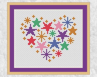 星のハートのクロスステッチパターン、モダンなレインボー刺繍