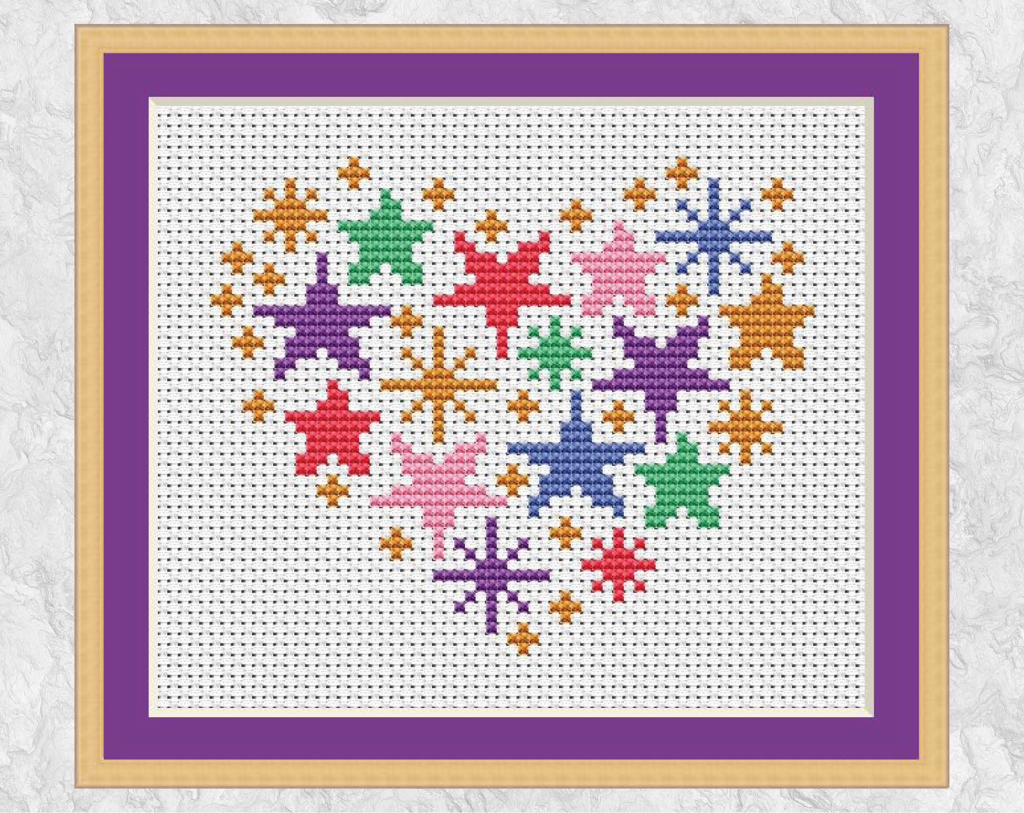 星のハートのクロスステッチパターン、モダンなレインボー刺繍