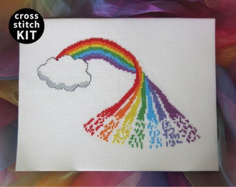 Rainbow cross stitch kit, beginner modern embroidery kit, learn to cross stitch, needlework craft set - includes full instructions