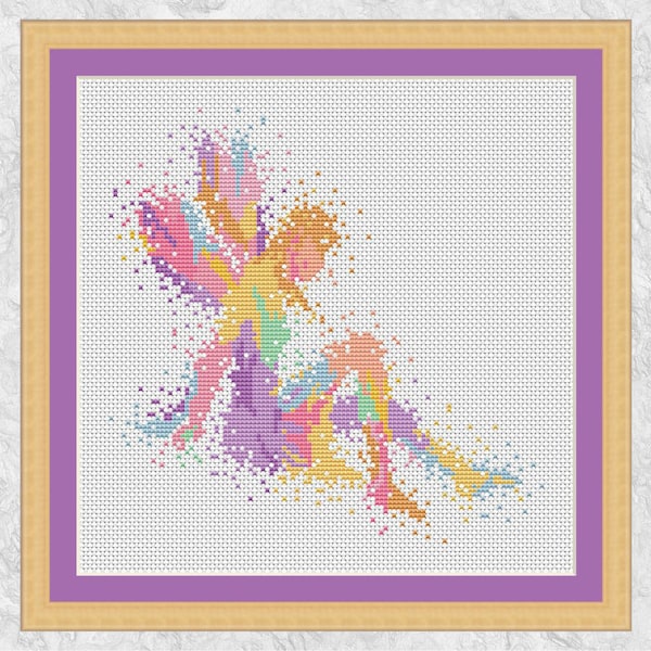 Watercolour fairy cross stitch pattern, modern rainbow fairy counted cross stitch chart, fantasy magic embroidery, splattered paint, PDF