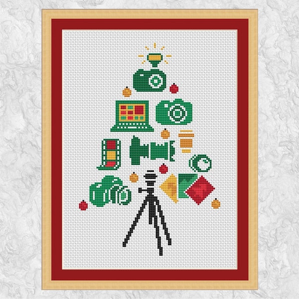 Modèle de point de croix arbre de Noël des photographes - cadeau de Noël amusant pour tous ceux qui aiment la photographie - téléchargement instantané PDF