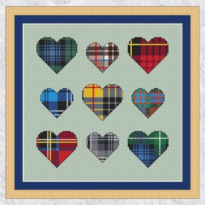 Negen Tartan Hearts kruissteekpatroon, steek als één afbeelding of als minimotieven, instant download PDF