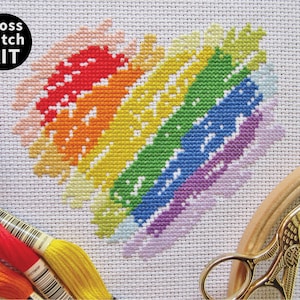 Rainbow heart cross stitch kit, modern embroidery kit, learn to cross stitch, beginner&#39;s kit with full instructions, make your own craft