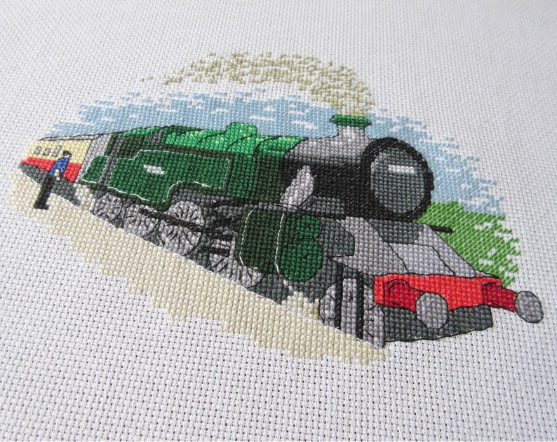 Steam train cross stitch pattern, traditional realistic railway locomotive counted cross stitch chart, transport, instant download PDF image 3