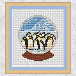 Patrón de punto de cruz Christmas Snowglobe, escena de nieve de pingüinos de la Antártida, descarga instantánea PDF