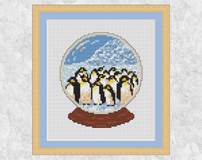 Christmas Snowglobe cross stitch pattern, Antarctica penguins snow scene, instant download PDF image 1
