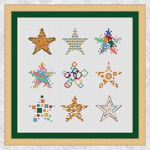 Modèle de point de croix de neuf étoiles de Noël, mini motifs de cartes de Noël ou image de Noël amusante, téléchargement instantané PDF
