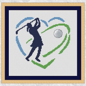 Könnte beinhalten: Ein Kreuzstichmuster eines Golfers, der einen Schläger schwingt, mit einem Golfball und grünem Gras im Hintergrund. Das Design hat die Form eines Herzens.