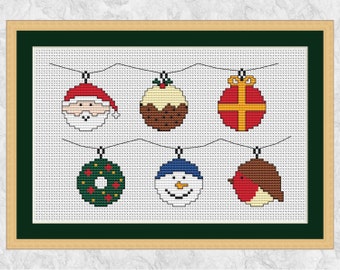 Christmas cross stitch pattern, Christmas fun bauble motifs, cute counted cross stitch card, Santa, pudding, present, wreath, snowman, robin