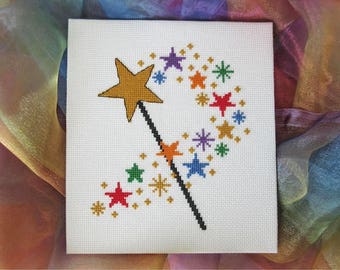 Patrón punto de cruz varita mágica, punto de cruz contado imprimible, patrón punto de cruz estrellas, bebé, niño, PDF sencillo, hada, mago, fantasía