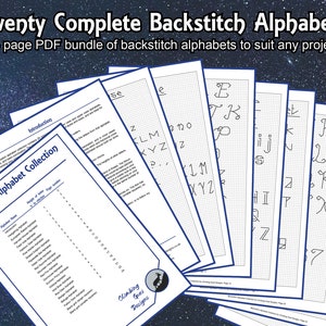 Collezione di alfabeti per punto indietro, pacchetto di 20 font per punto indietro per personalizzare i tuoi progetti, download immediato in PDF