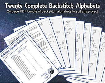 Backstitch alphabet collection, bundle of 20 backstitch fonts for personalising your projects, instant download PDF