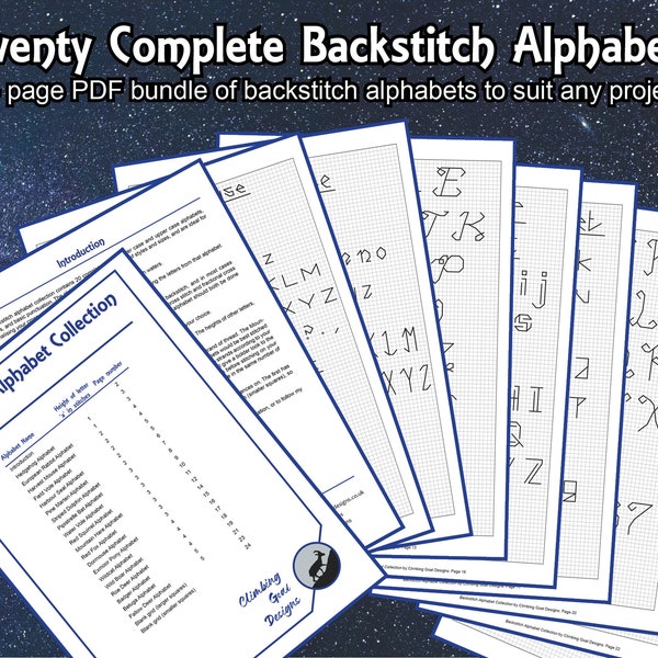 Backstitch alphabet collection, bundle of 20 backstitch fonts for personalising your projects, instant download PDF