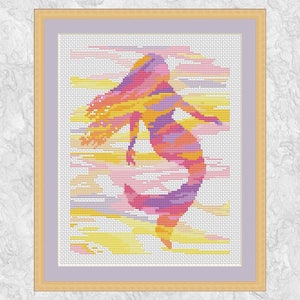 Mermaid cross stitch pattern, printable watercolour silhouette cross stitch chart, rainbow, brushstrokes, pink, purple, instant download PDF
