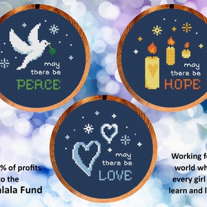 Schemi punto croce Pace, Speranza e Amore - Il 100% dei profitti va all'organizzazione benefica Malala Fund - tre disegni inclusi - download immediato PDF