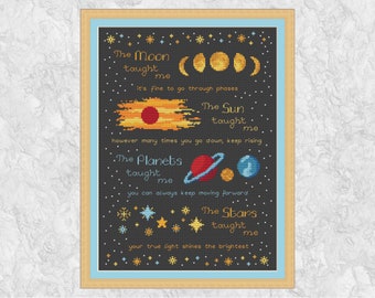 Inspirational space themed cross stitch pattern, "The Moon Taught Me", instant download PDF
