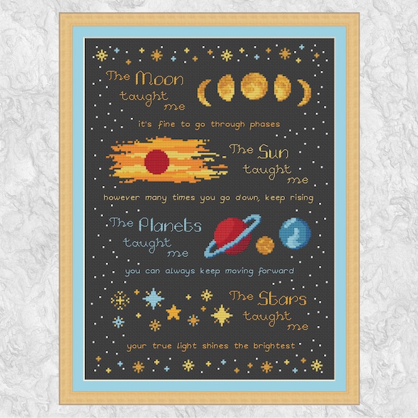 Inspirational space themed cross stitch pattern, "The Moon Taught Me", instant download PDF