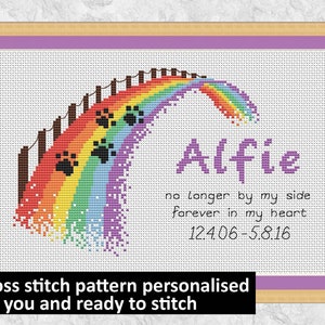 Rainbow bridge custom cross stitch pattern, design personalised with your details, receive a complete ready to stitch chart