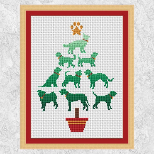 Dog Christmas Tree cross stitch pattern, dog breeds holiday design, paw print, pet silhouettes, modern xmas counted cross stitch chart, PDF