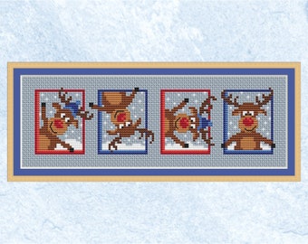 Set of Reindeer cross stitch pattern - stitch as a single picture or separately as Christmas cards or gift tags - instant download PDF