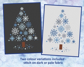 Snowflakes Christmas Tree cross stitch pattern - two colour variations included to stitch on dark or light fabric - instant download PDF