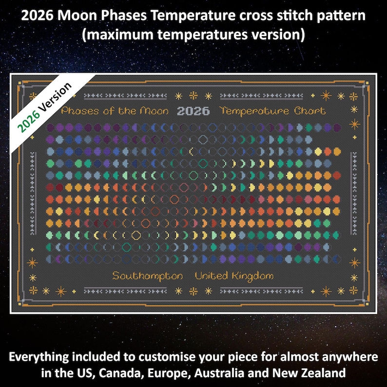 Moon Climate Graph Moon Phases 2026 Temperature Cross Stitch Pattern - Maximum ...